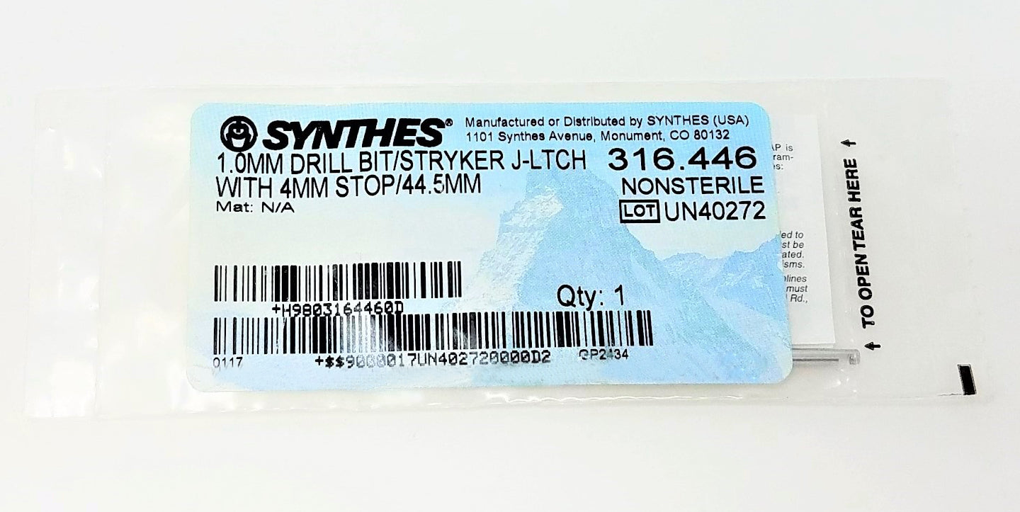 Synthes 316.446 Drill Bit 1.0mm Stryker J-Ltch with 4mm Stop 44.5mm UN40272