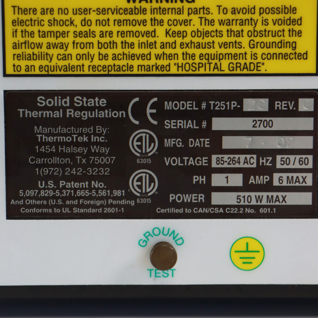 2002 ThermoTek Solid State Temperature Regulation Control T251P-2C Laser Chiller