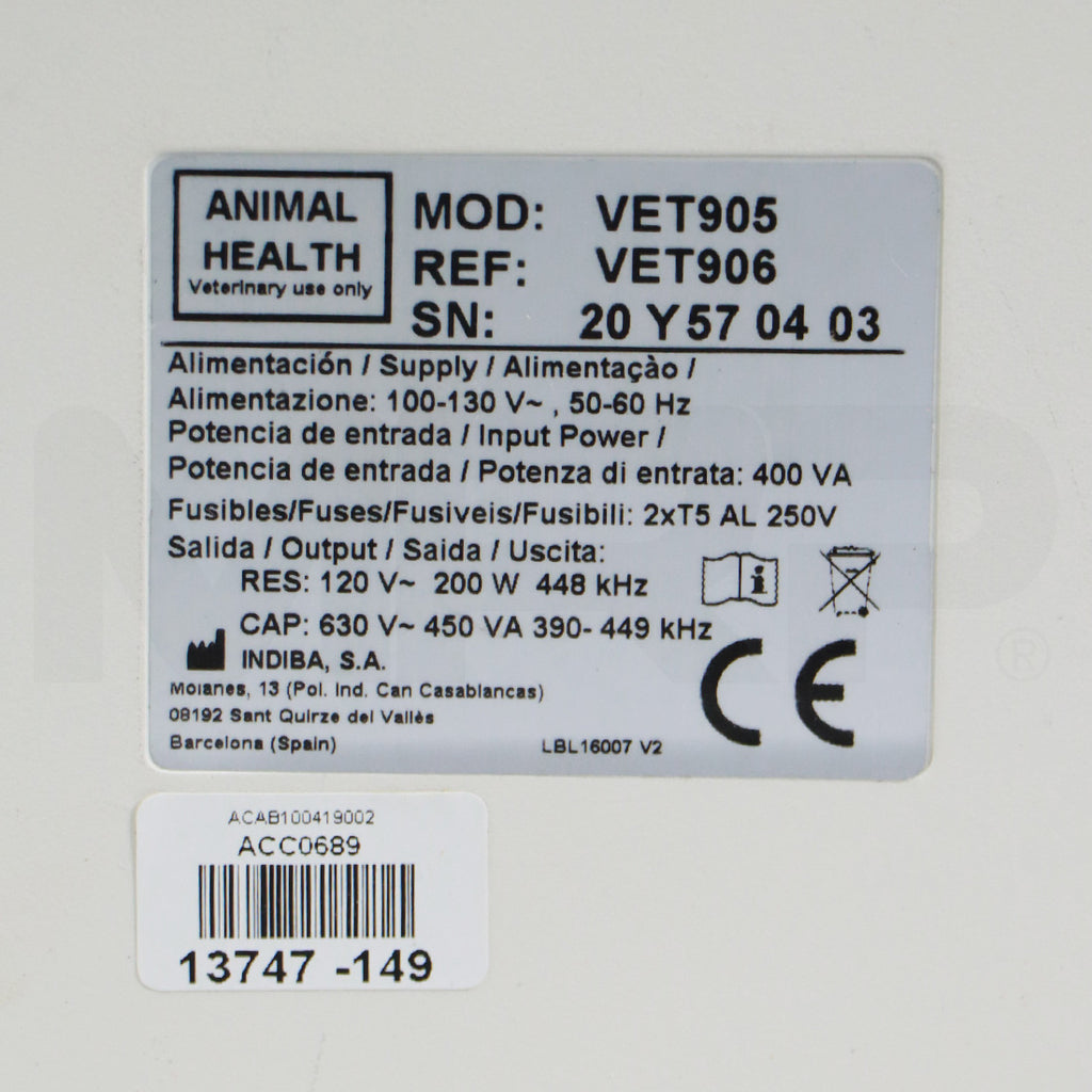 Indiba Vet905 Rehabilitation Radiofrequency Deep Tissue System