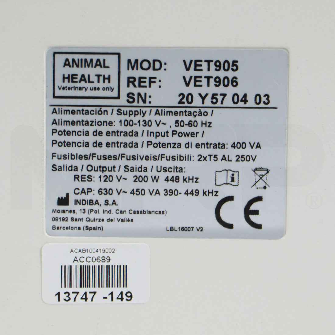 Indiba Vet905 Rehabilitation Radiofrequency Deep Tissue System