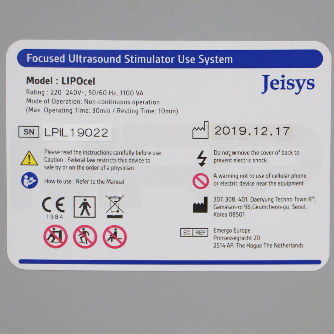 2019 Jeisys LIPOcel Focused Ultrasound Stimulator Fat Reduction Thermal Therapy