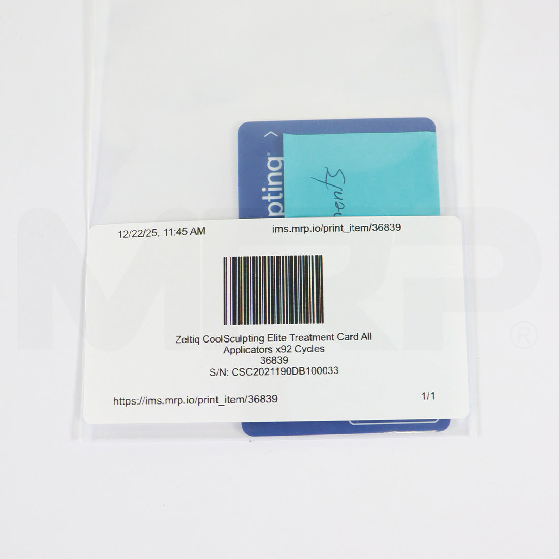 Zeltiq CoolSculpting Elite Treatment Card All Applicators x92 Cycles