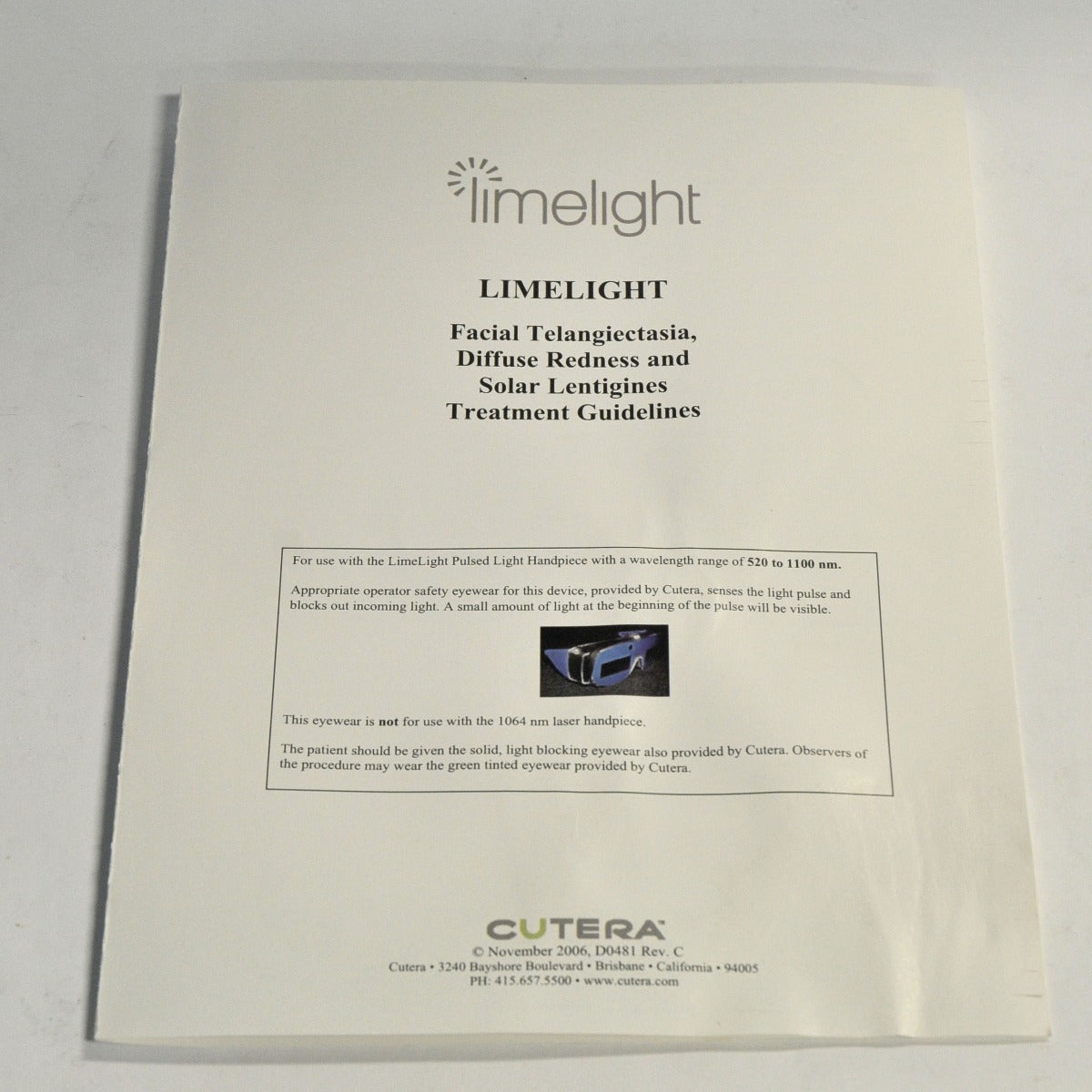 Cutera Limelight IPL Handpiece Treatment Guidelines Hand Piece User Reference