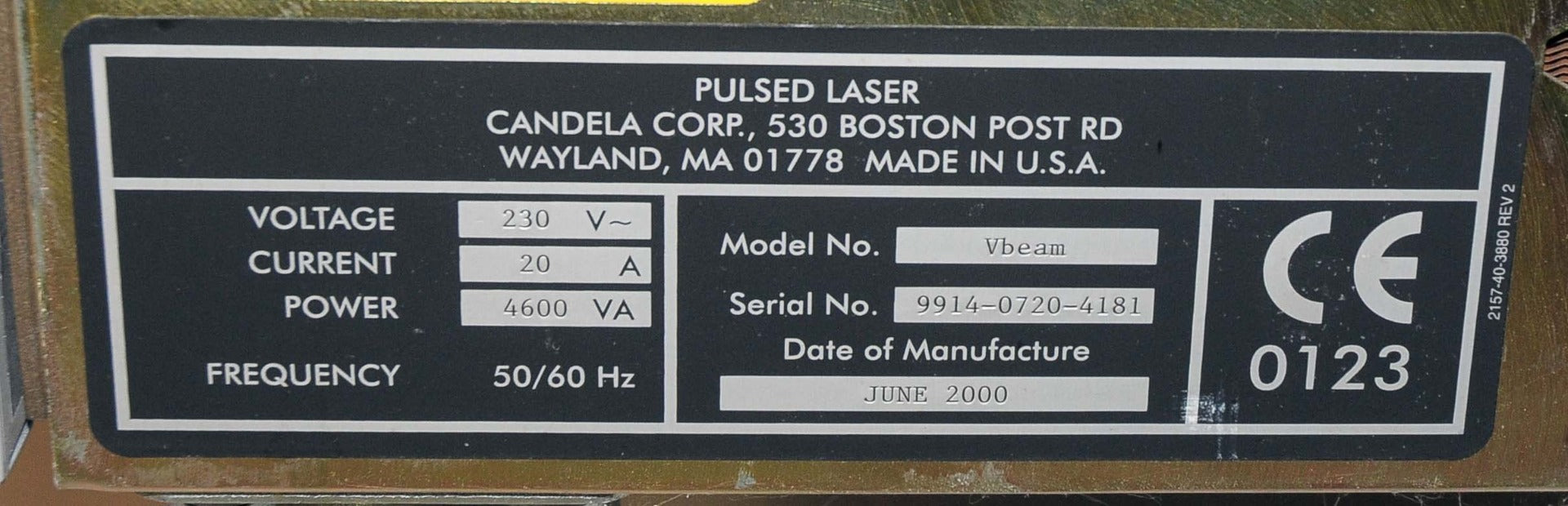 2000 Candela V-Beam PDL Pulsed Dye Laser Pulse VBeam Lesions Vascular Wrinkles