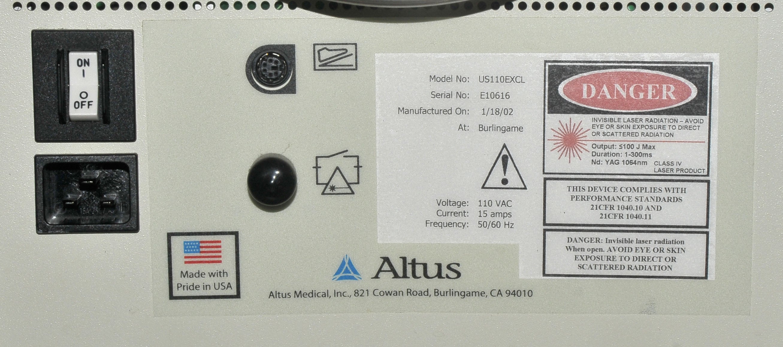 2002 Altus CoolGlide Excel US110EXCL Laser Hair Removal 1064 Nd YAG Cutera HR
