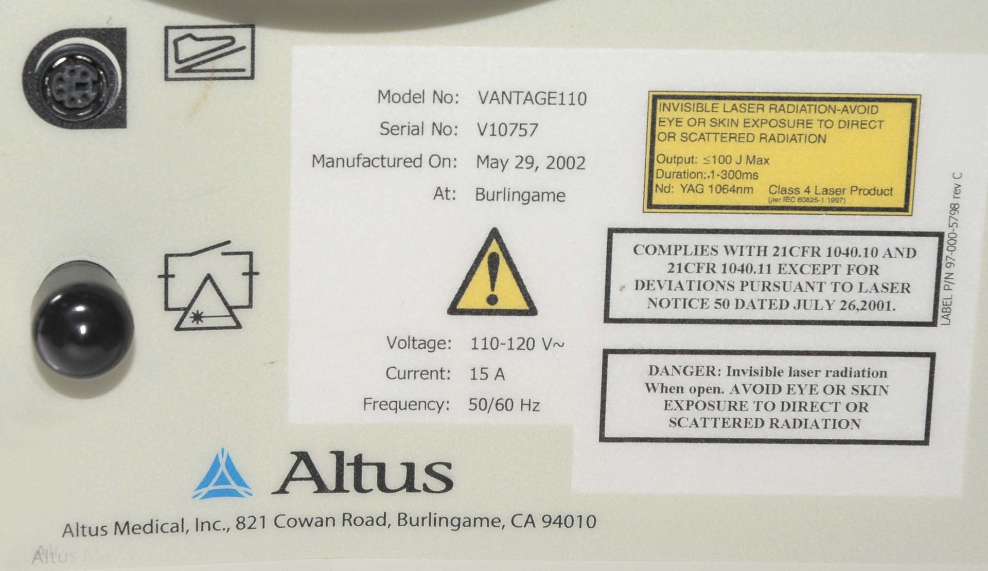 2002 Altus VANTAGE 110 Cutera 1064 Nd YAG Hair Removal Laser 3-5-7-10 mm HP HR