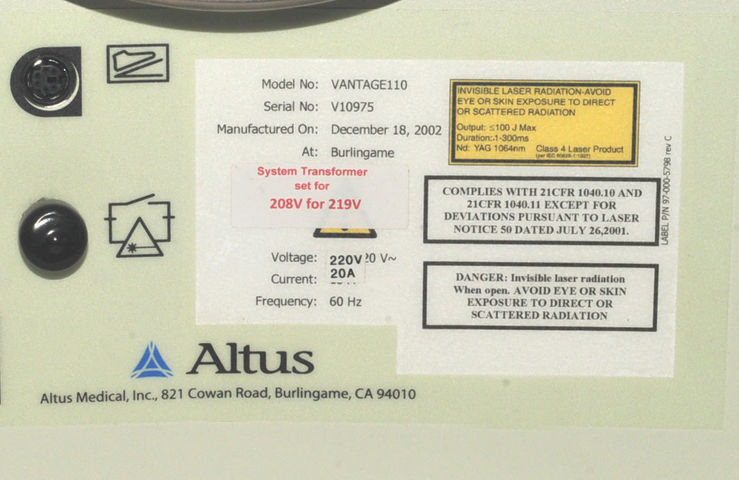 2002 Altus CoolGlide Vantage Nd:YAG 1064 Hair Removal Laser