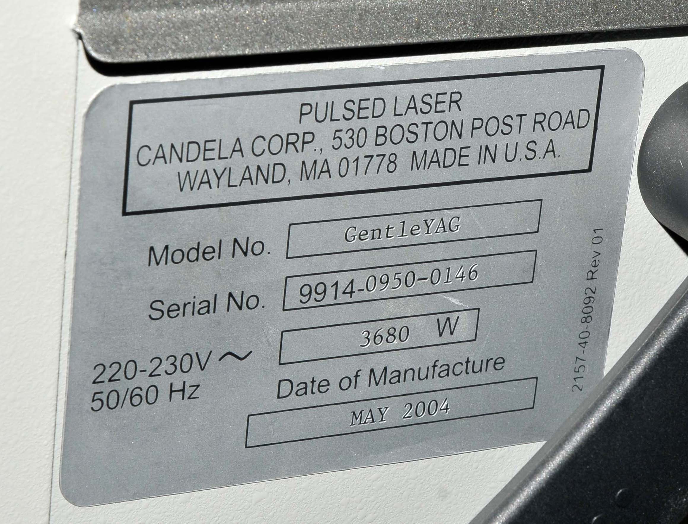 2004 Candela GentleYAG 80J Nd:YAG 1046 Laser Hair Removal Vascular System