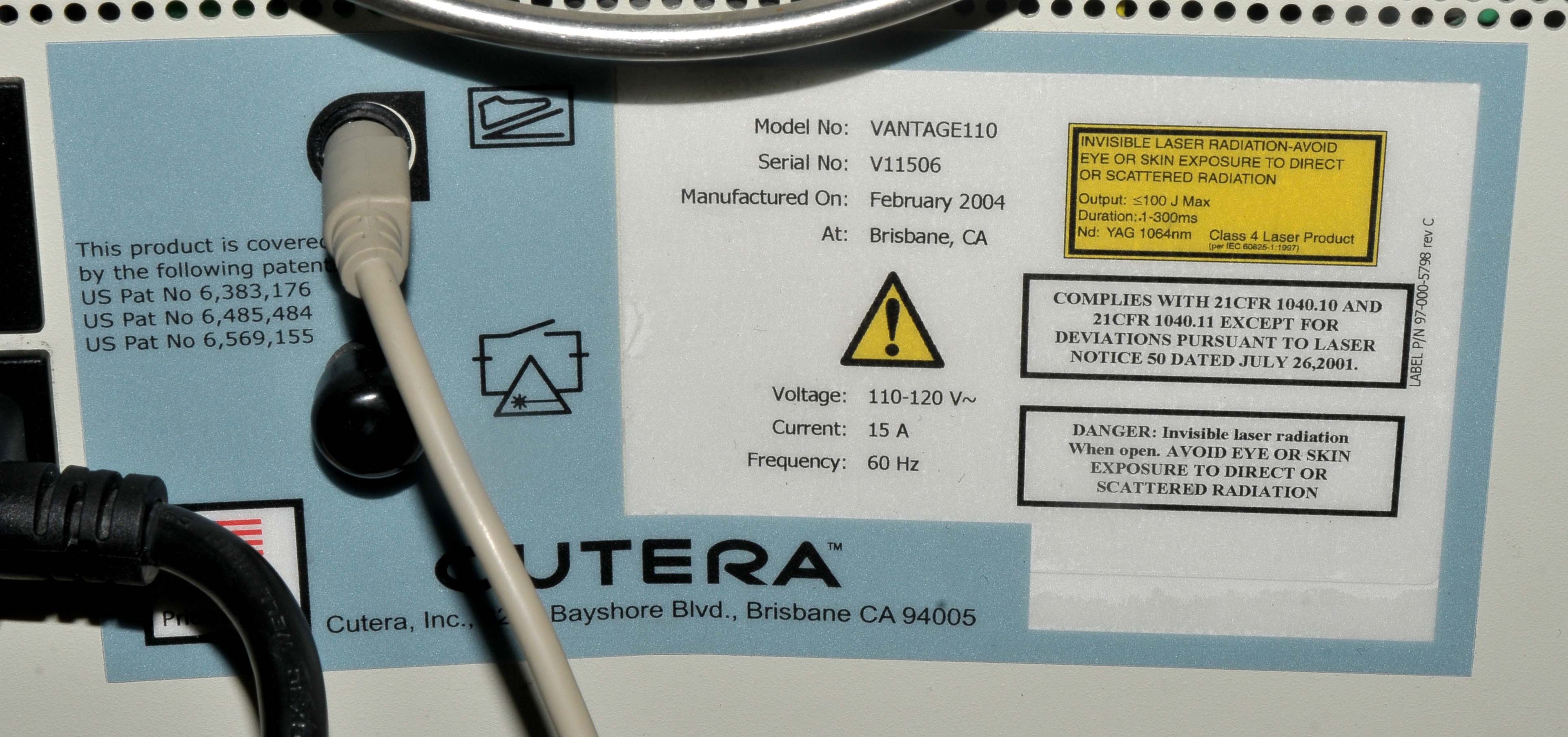 2004 Cutera VANTAGE 110 1064 Nd YAG Hair Removal Laser 3-5-7-10 mm Altus HR