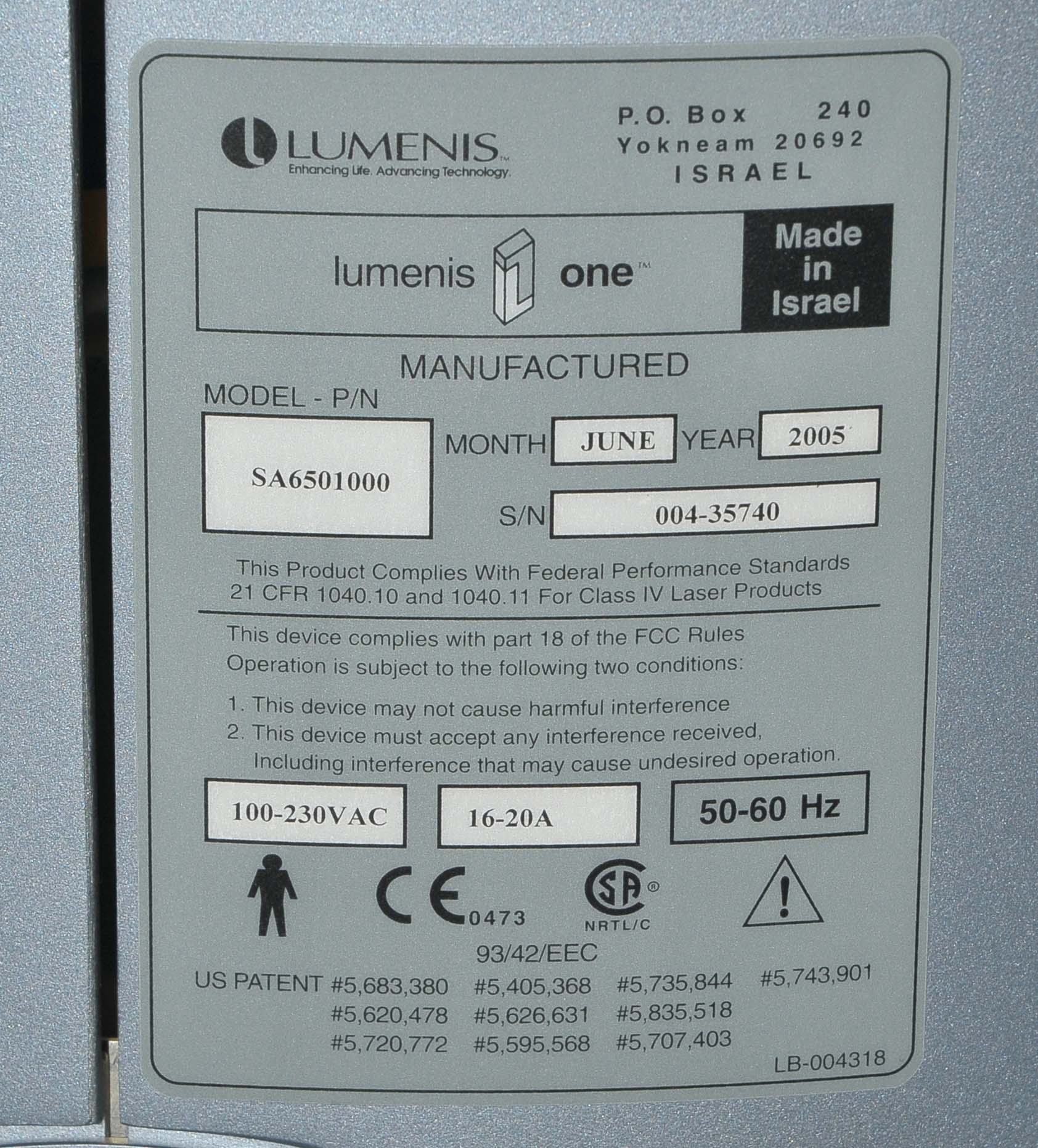 2005 Lumenis Lume1 IPL LumeOne Lume One Hair Removal Skin Veins w/IPL Handpiece