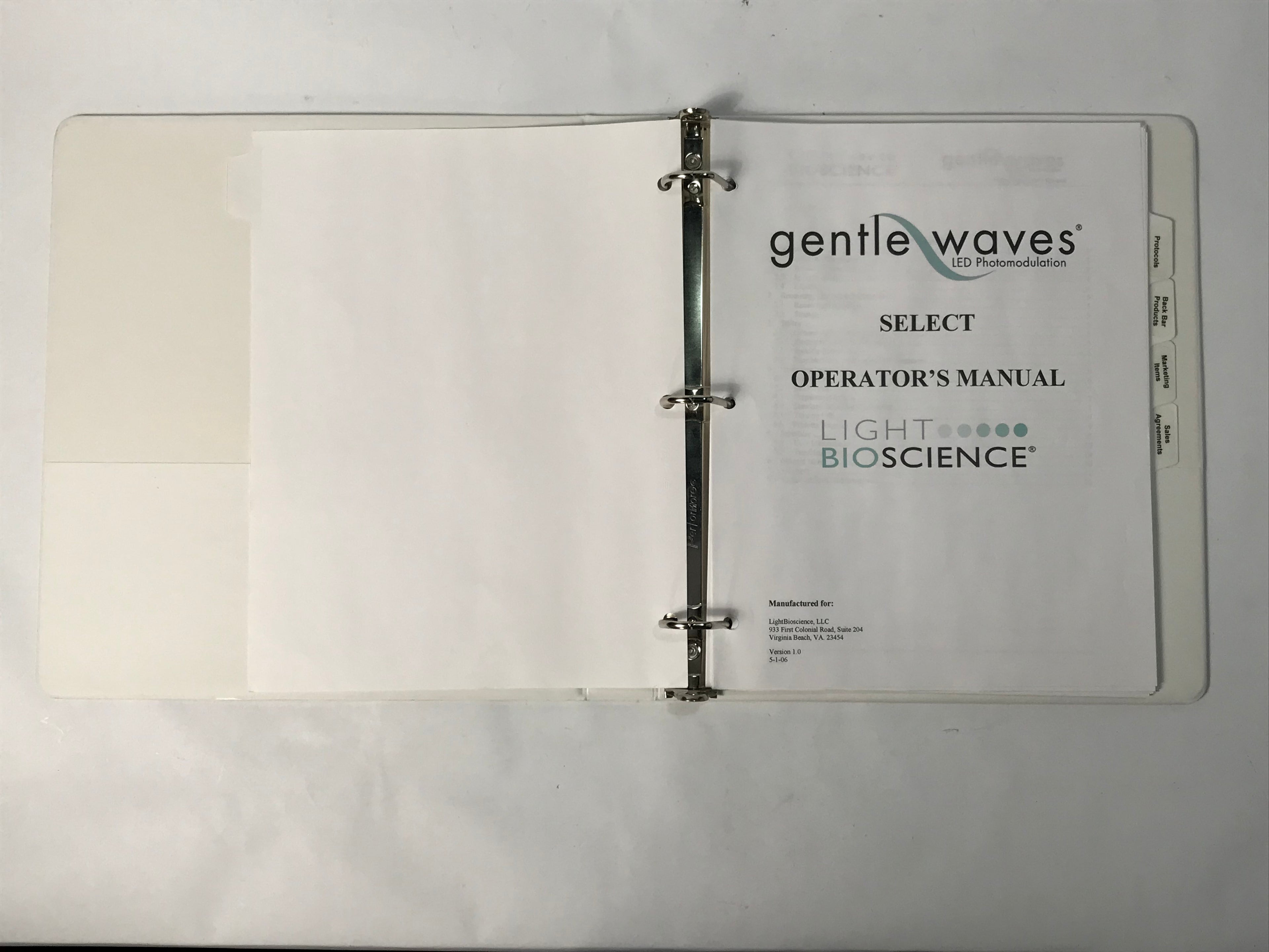 2006 LightBioScience GentleWaves Select LED Phototherapy System Operators Manual