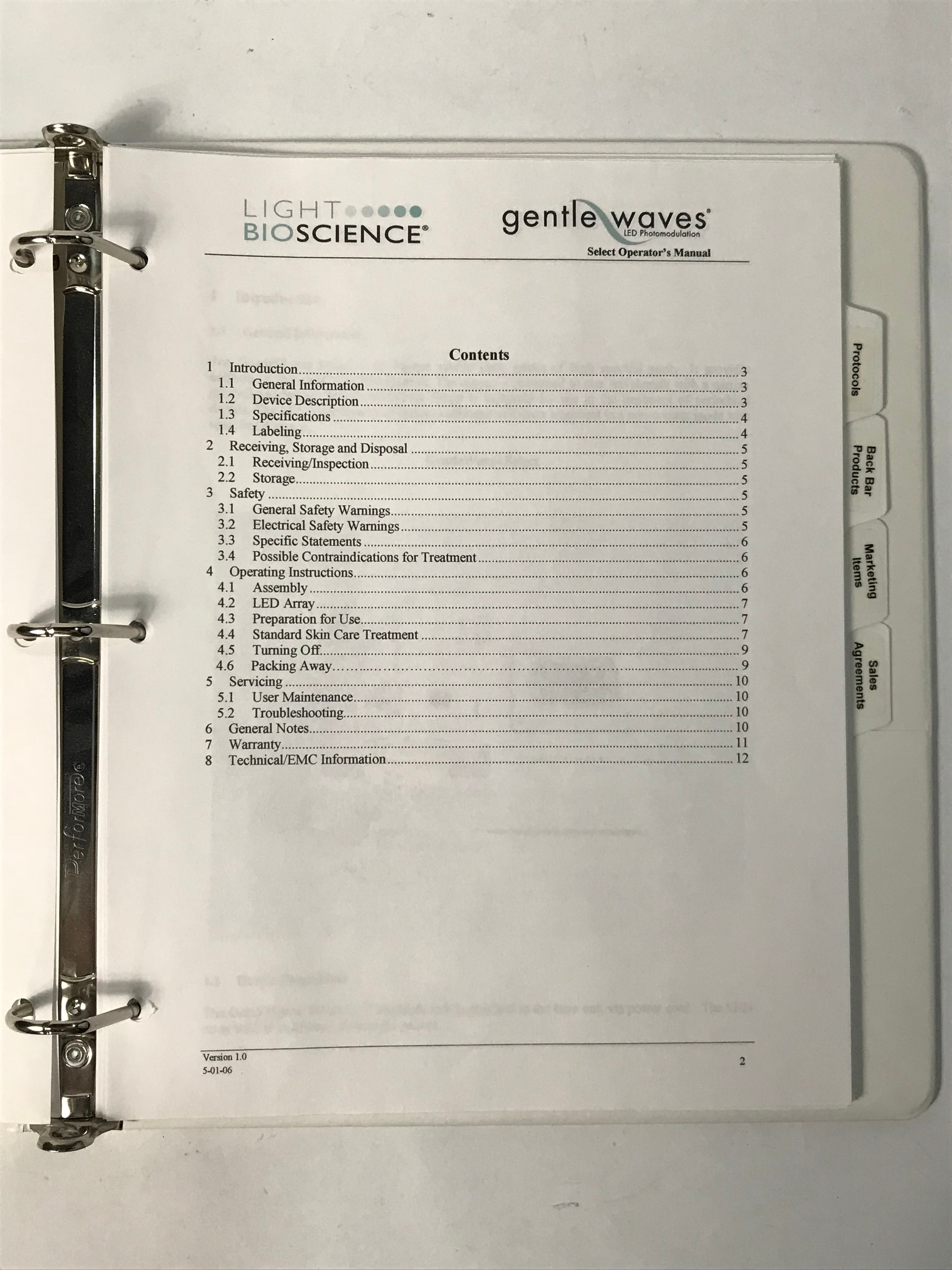 2006 LightBioScience GentleWaves Select LED Phototherapy System Operators Manual