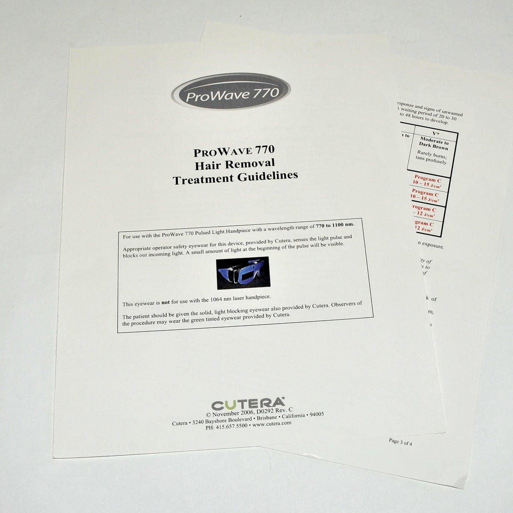 2006 Cutera ProWave 770 Laser Hair Removal Treatment Guideline Settings * D0292