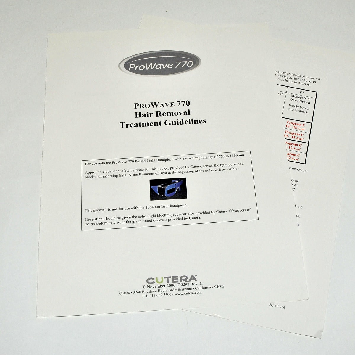 2006 Cutera ProWave 770 Laser Hair Removal Treatment Guideline Settings * D0292