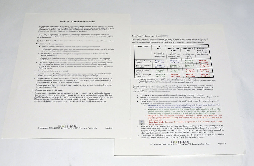 2006 Cutera ProWave 770 Laser Hair Removal Treatment Guideline Settings * D0292
