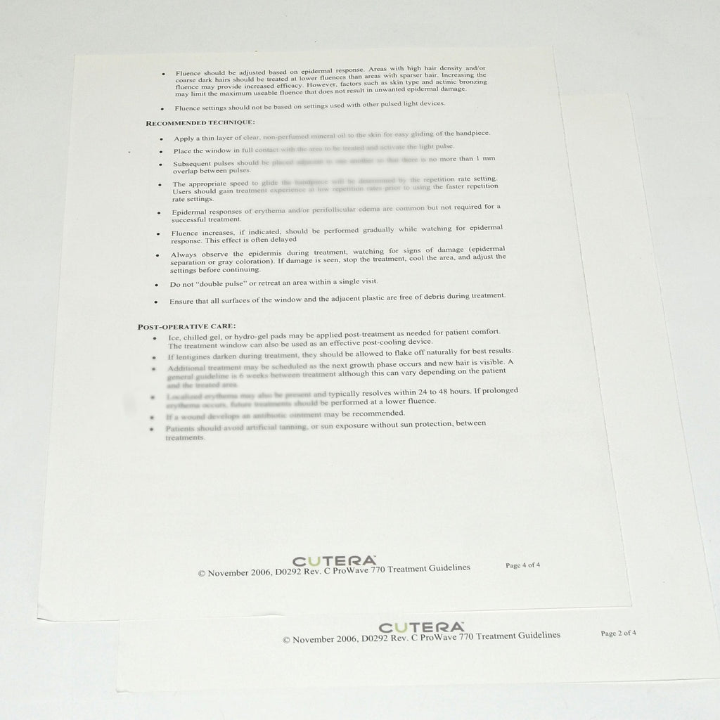 2006 Cutera ProWave 770 Laser Hair Removal Treatment Guideline Settings * D0292