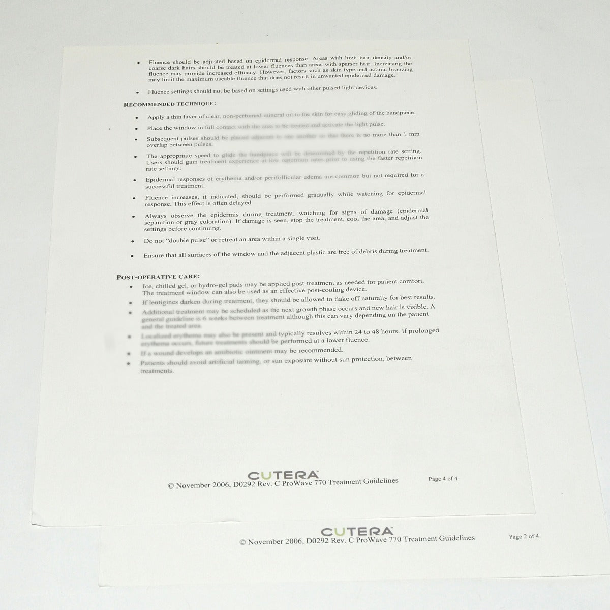 2006 Cutera ProWave 770 Laser Hair Removal Treatment Guideline Settings * D0292