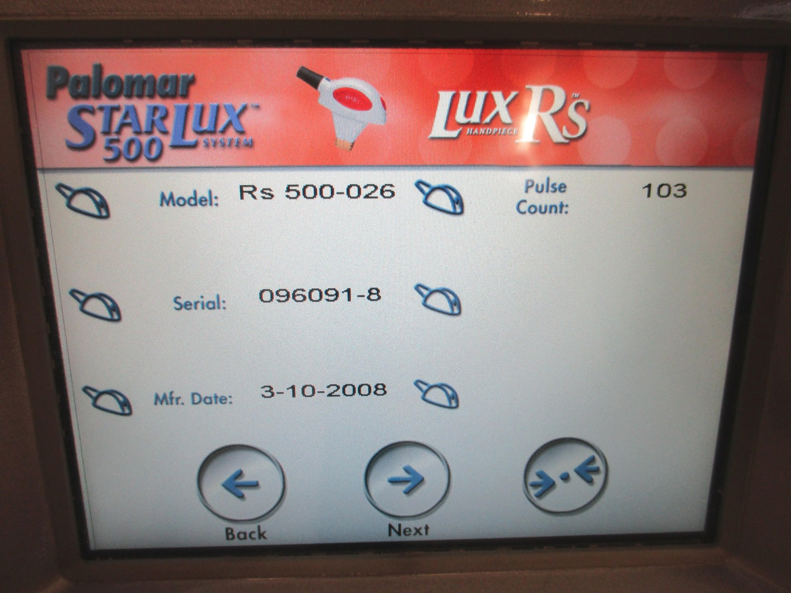 2007 Palomar StarLux 500 Laser LuxY LuxRs LuxG HandPiece Lux G Rs Y Hair Removal