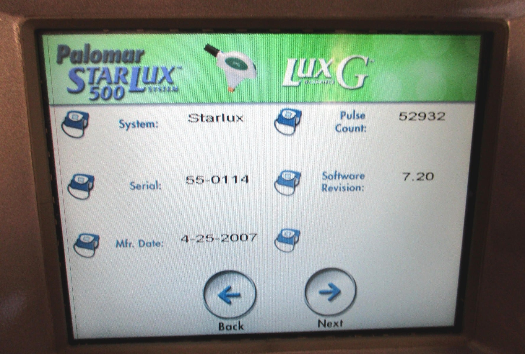 2007 Palomar StarLux 500 Laser LuxY LuxRs LuxG HandPiece Lux G Rs Y Hair Removal