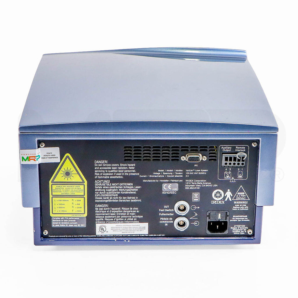 Iridex VariLite laser rear panel with model label, foot switch ports and power inlet