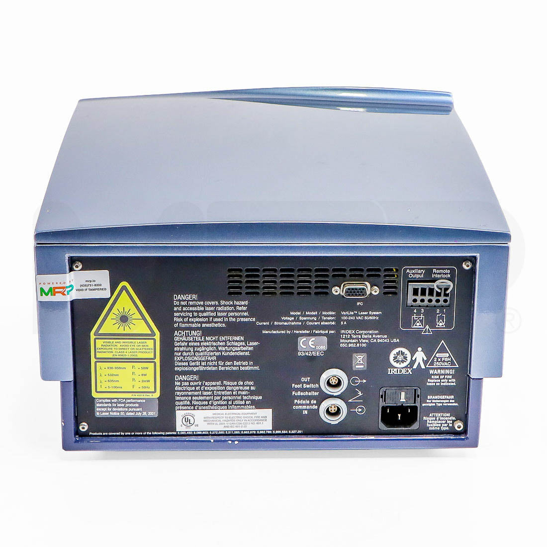 Iridex VariLite laser rear panel with model label, foot switch ports and power inlet