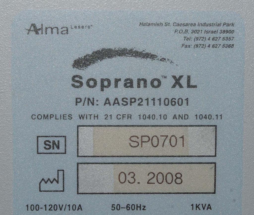 2008 Alma SOPRANO XL Laser System 810nm Diode HR Hair Removal w SHR Handpiece