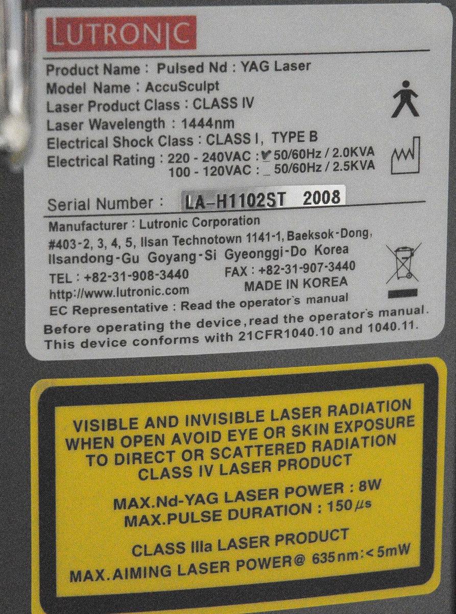 2008 Lutronic AccuSculpt Nd YAG Laser 1444nm Facial Body Contouring PARTS UNIT