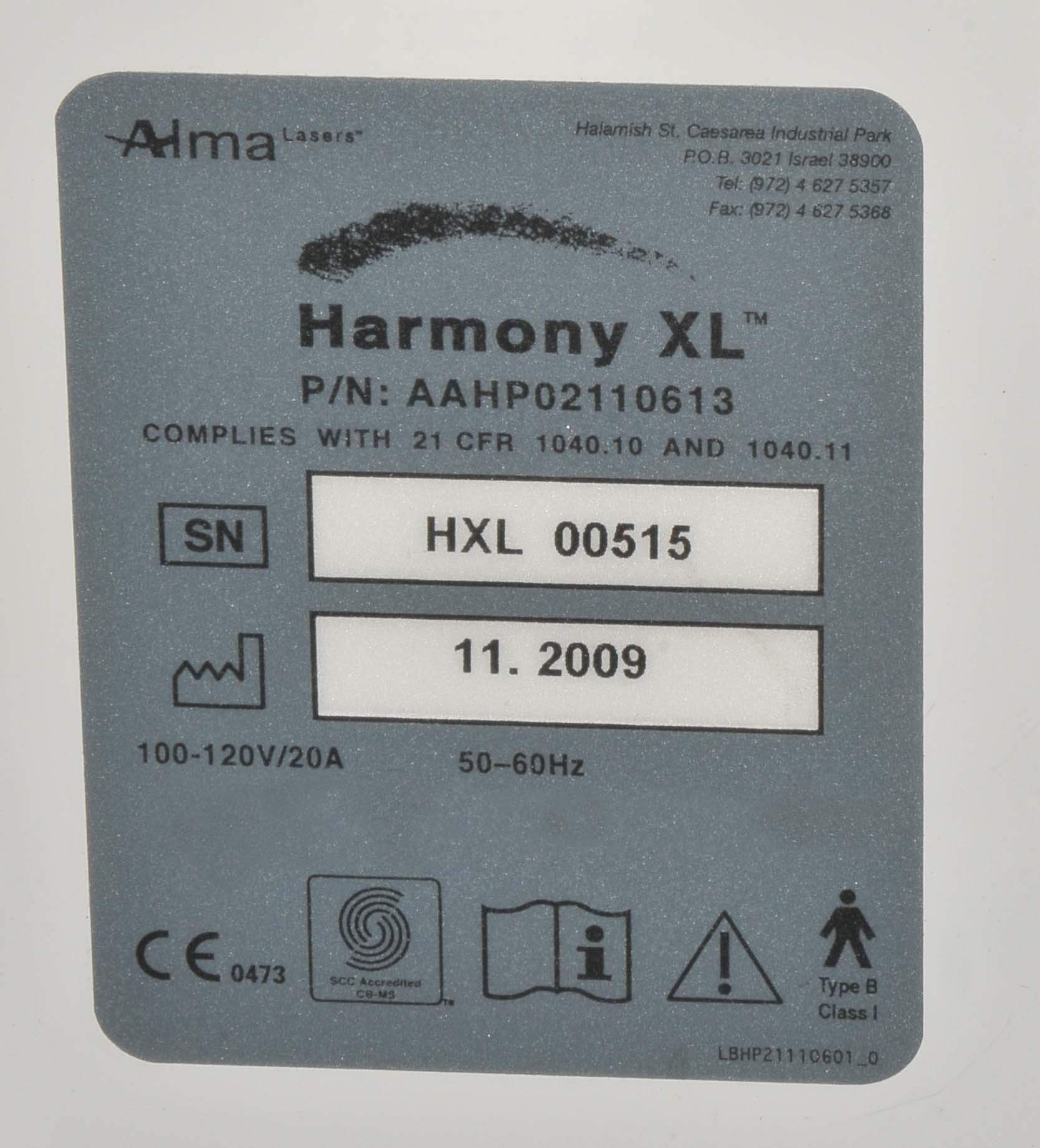 2009 Alma Harmony XL IPL Cosmetic Laser w SHR Hair Removal Handpiece HR