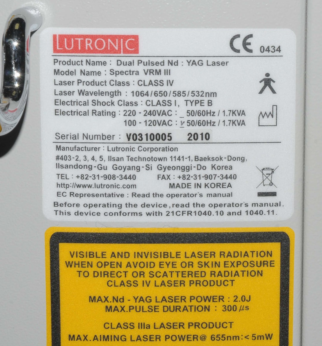 2010 Lutronic Spectra VRM III Q-Switched Nd:YAG Laser Tattoo CARBON PEEL 1064nm