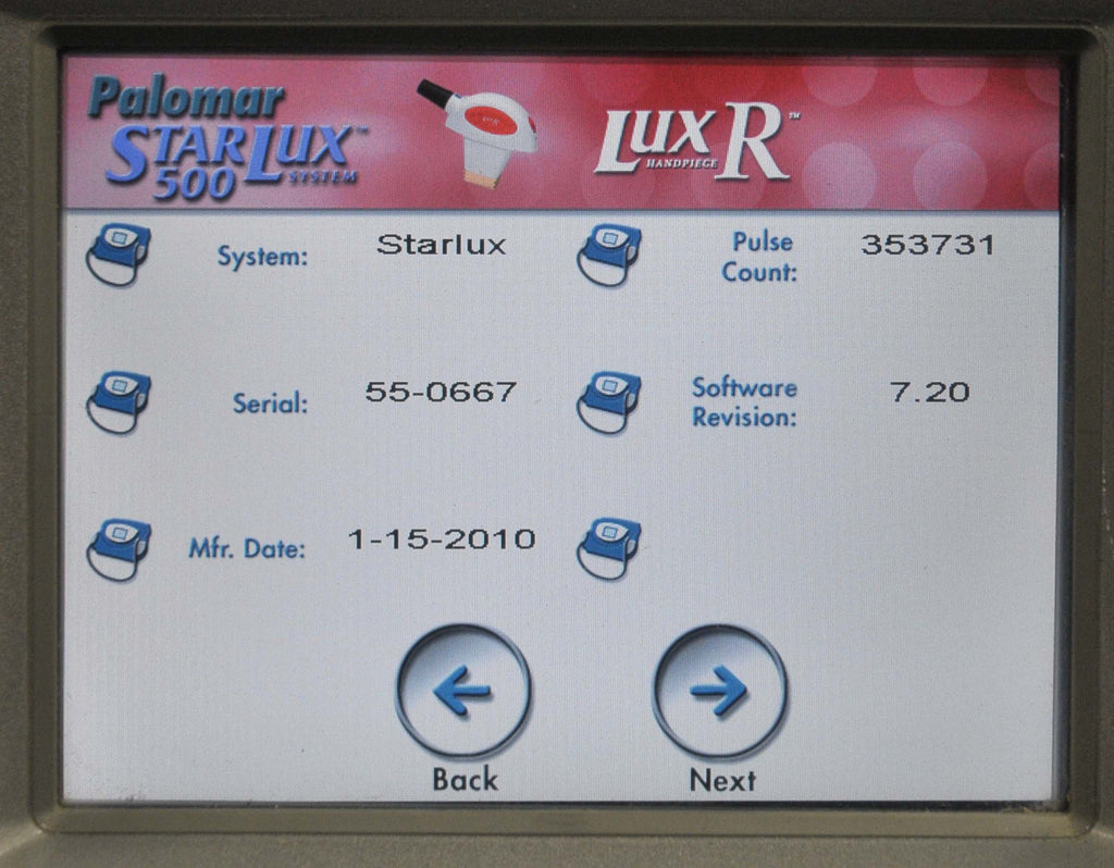 2010 Palomar StarLux 500 Laser System LuxG LuxR LuxV Lux G R V Hand Pieces