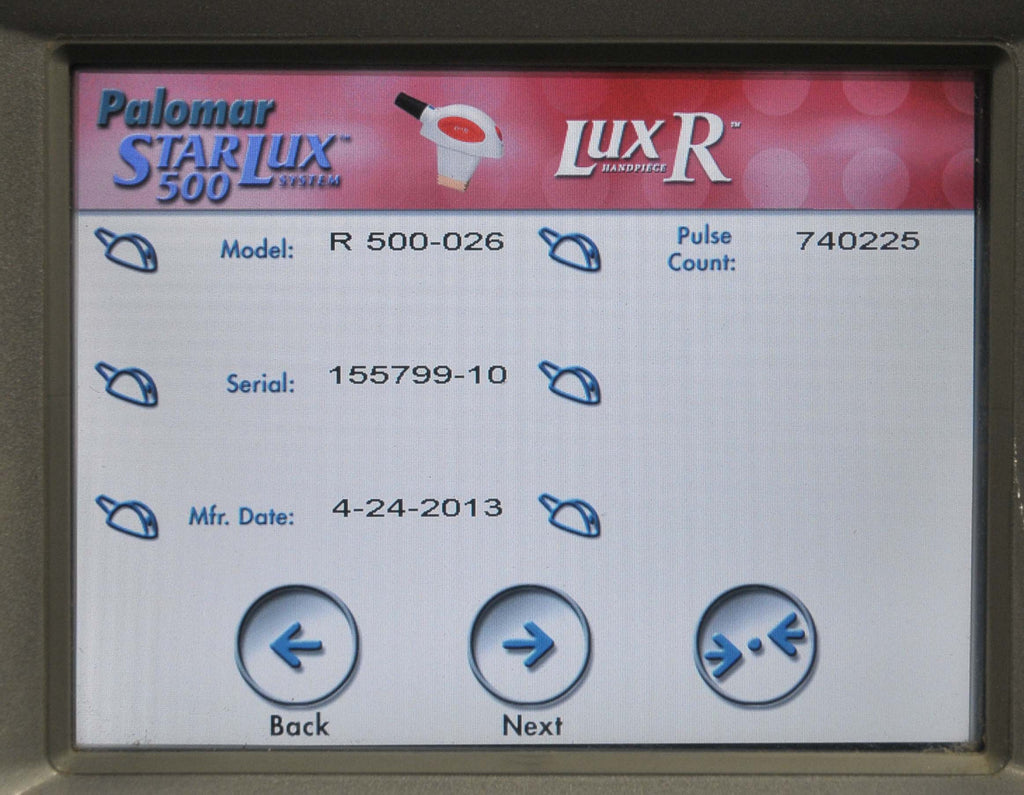 2010 Palomar StarLux 500 Laser System LuxG LuxR LuxV Lux G R V Hand Pieces