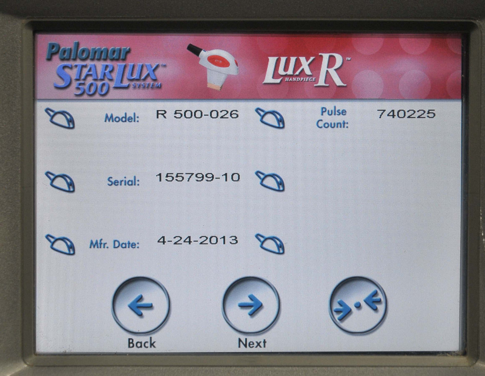 2010 Palomar StarLux 500 Laser System LuxG LuxR LuxV Lux G R V Hand Pieces