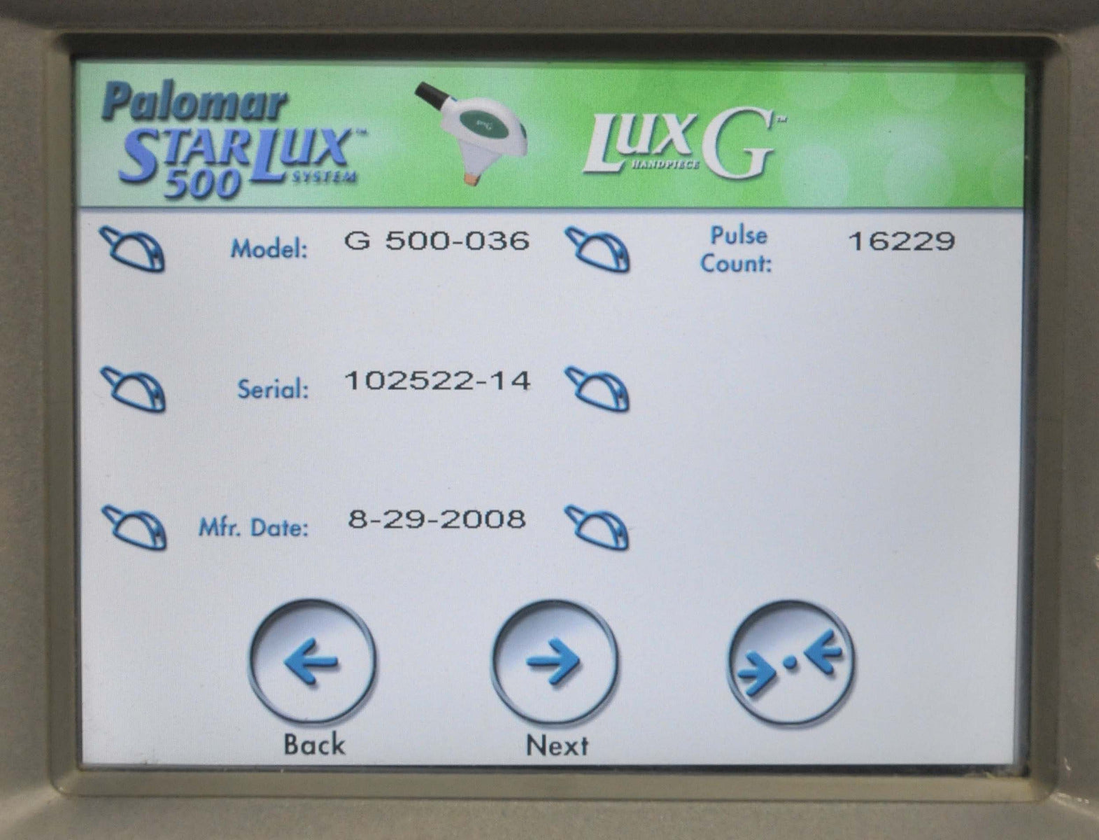 2010 Palomar StarLux 500 Laser System LuxG LuxR LuxV Lux G R V Hand Pieces