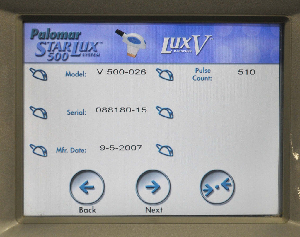 2010 Palomar StarLux 500 Laser System LuxG LuxR LuxV Lux G R V Hand Pieces