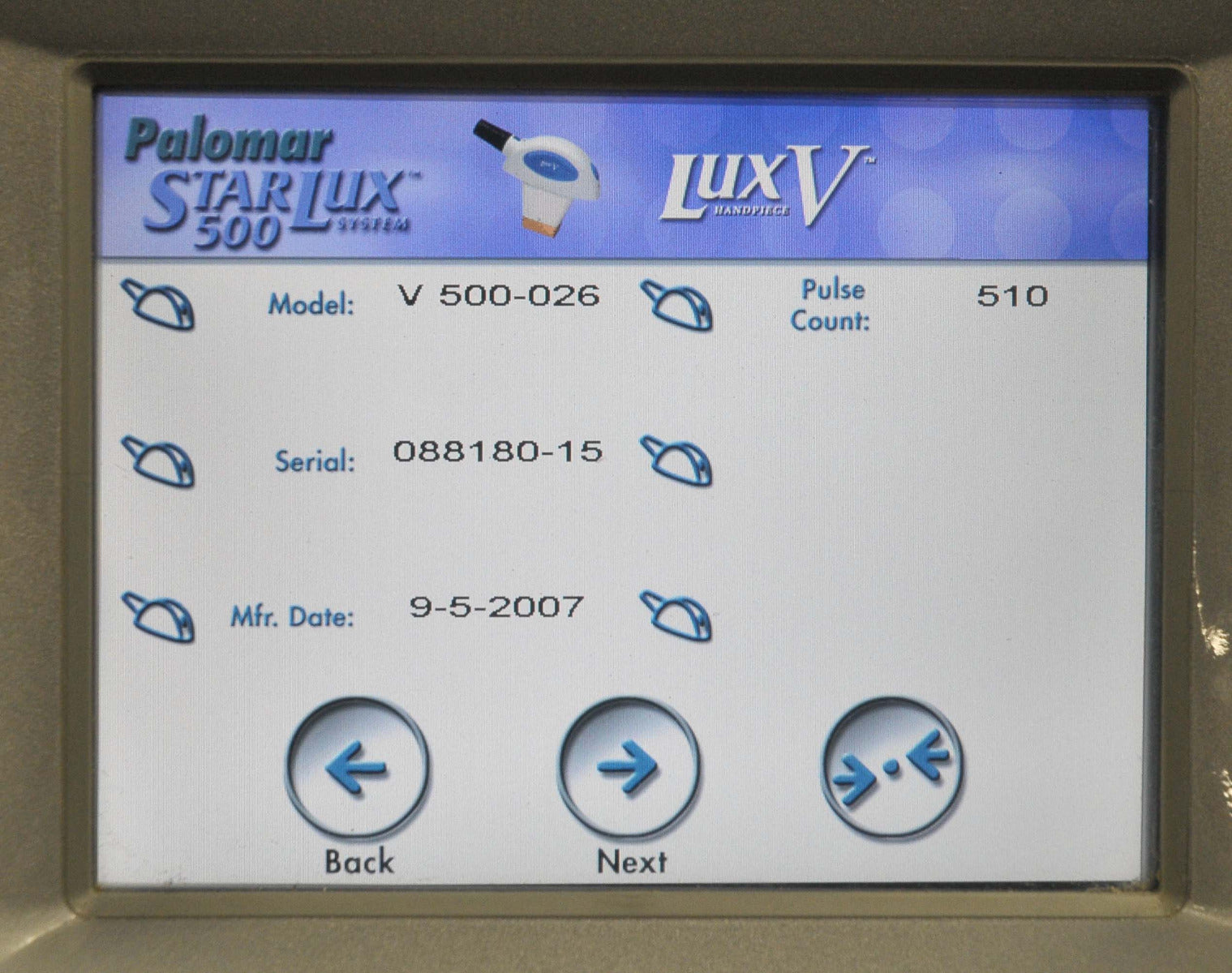 2010 Palomar StarLux 500 Laser System LuxG LuxR LuxV Lux G R V Hand Pieces
