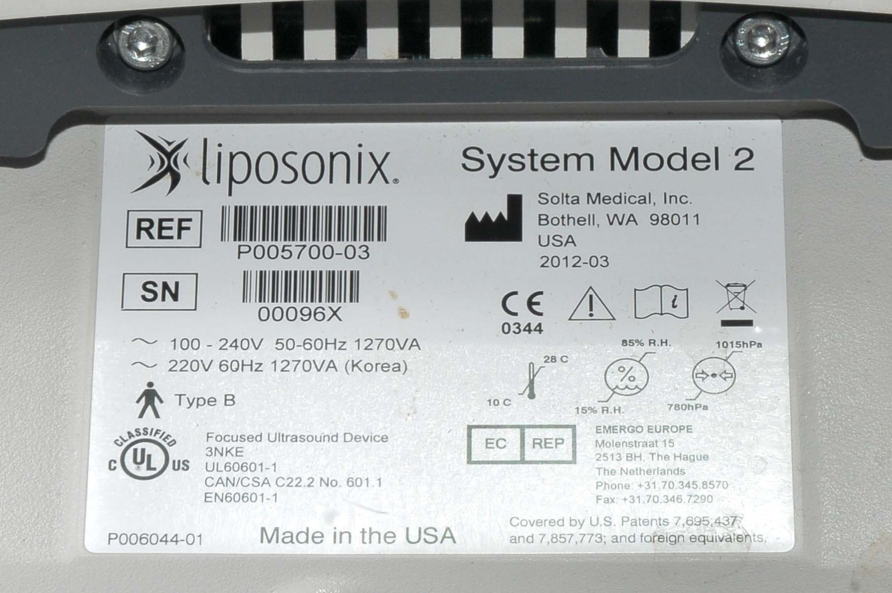2012 SOLTA MEDICAL Liposonix Ultrasound Focused System Sonix Model 2
