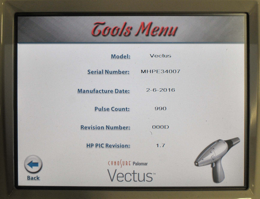 2016 Palomar Vectus Laser Handpiece 810 nm Diode Hair Removal Low Shots Pulse HR