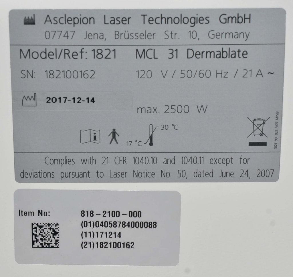 2017 Asclepion Laser DERMABLATE MCL31 Erbium YAG Juliet Vaginal Rejuvenation