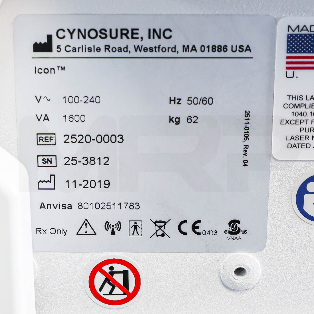 2019 Palomar Cynosure Icon IPL Fractional Laser System Serial Label