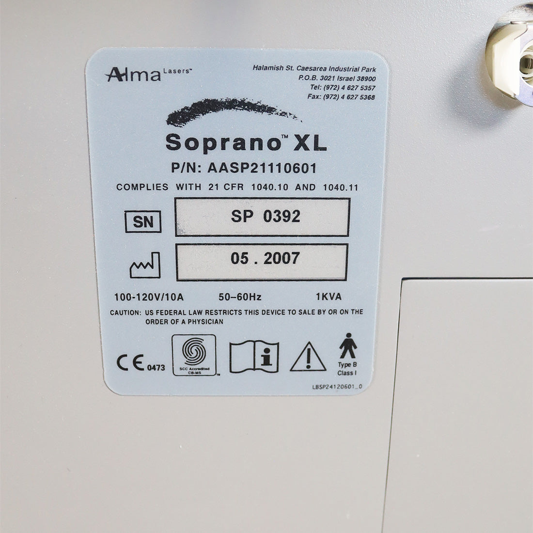 2007 Alma Lasers Soprano XL Laser Hair Removal / Reduction System AASP21110601