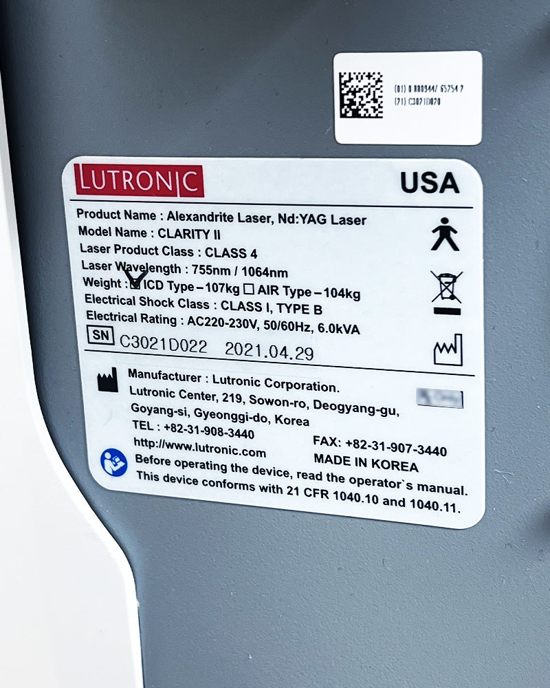 2021 Lutronic Clarity II 2 755/1064nm Dual Wavelength Laser Hair Removal System