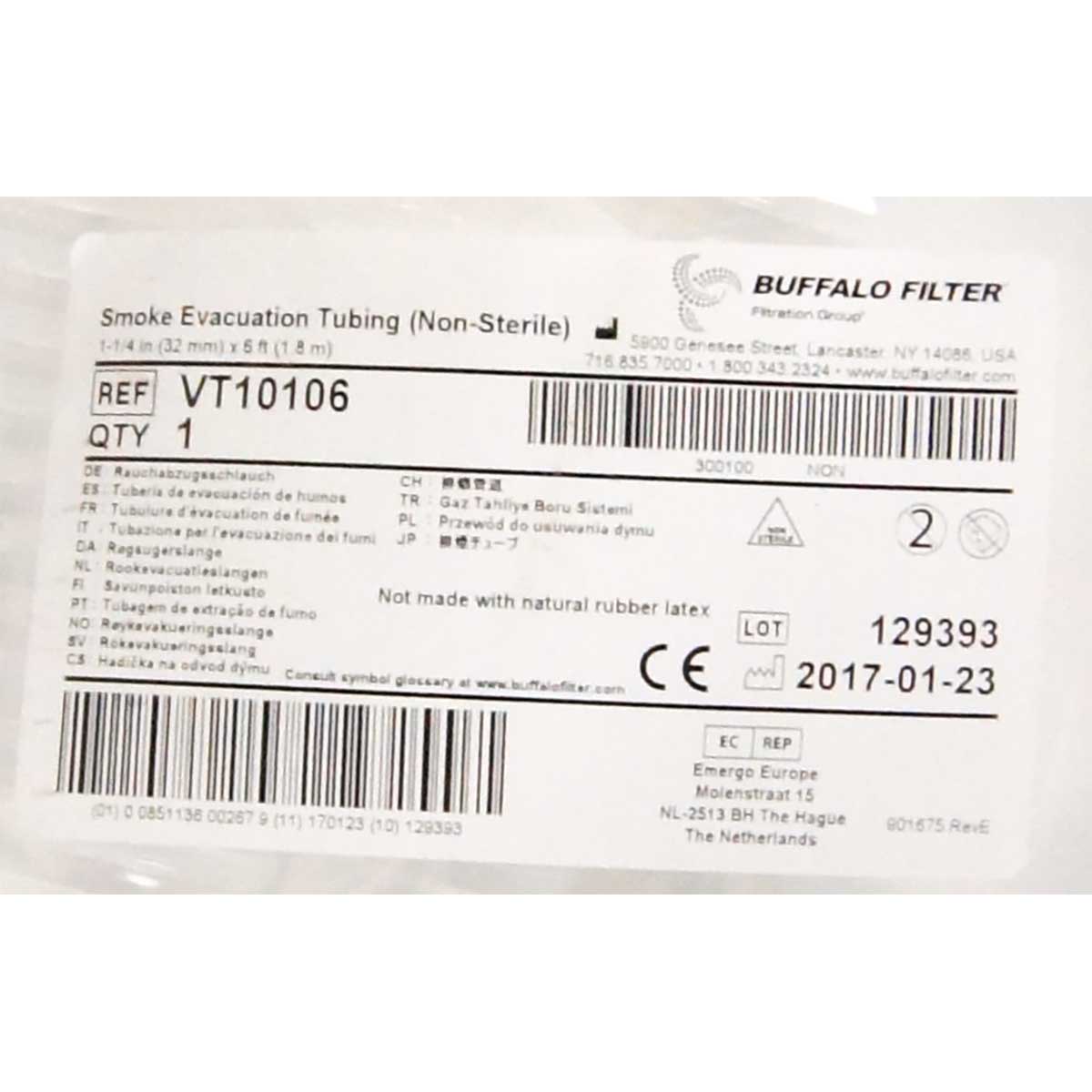 ConMed Buffalo Filter VT10106 Smoke Evacuation Tubing Non-Sterile 1-1/4in x 6ft