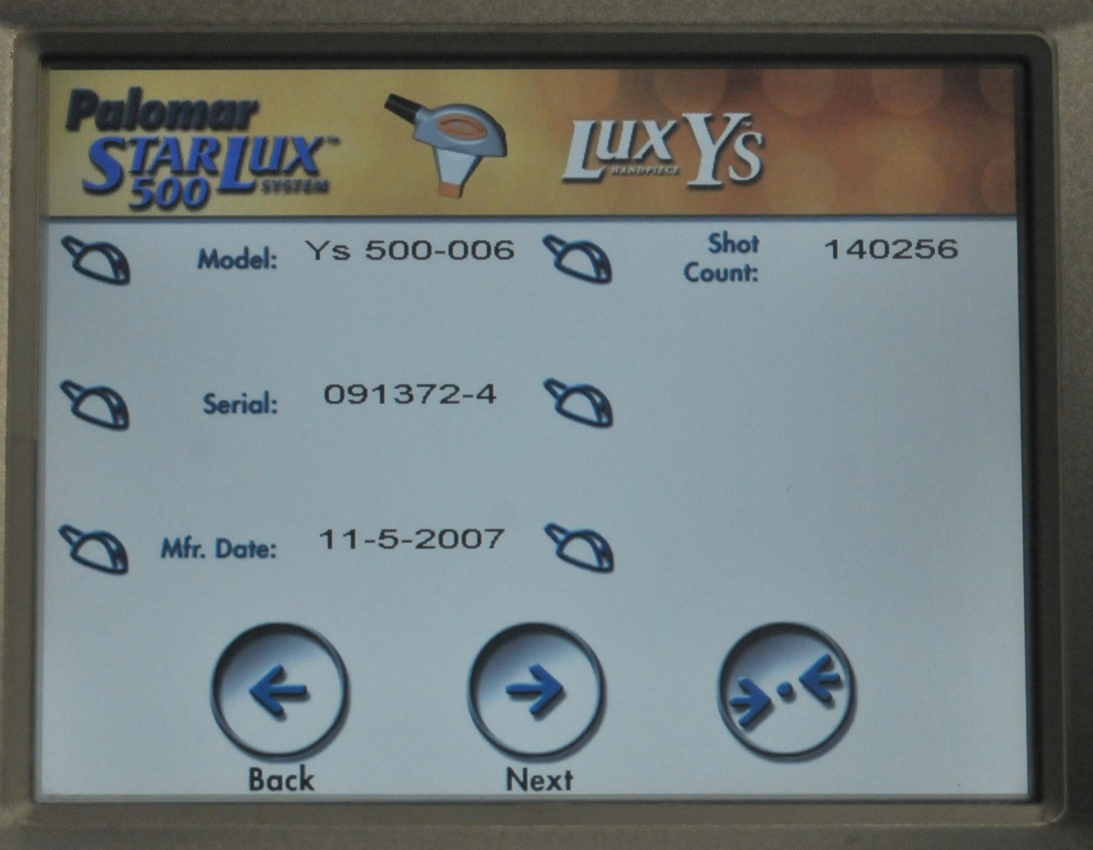 Palomar StarLux 500 Laser LuxYs IPL Fine Hair Removal Handpiece Lux Ys HR 2007