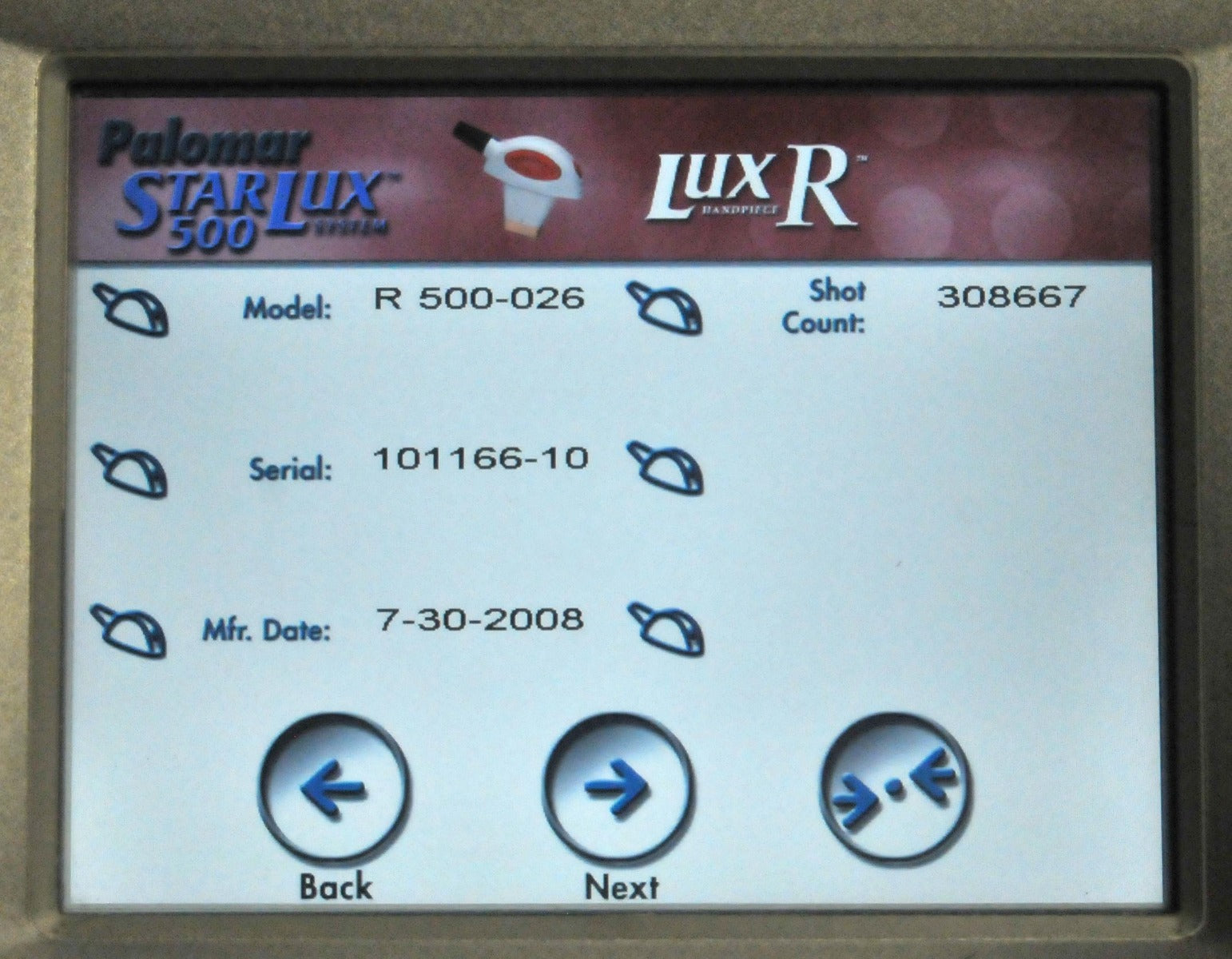 Palomar StarLux 500 Laser LuxR IPL Hair Removal Handpiece Lux R HR 2008