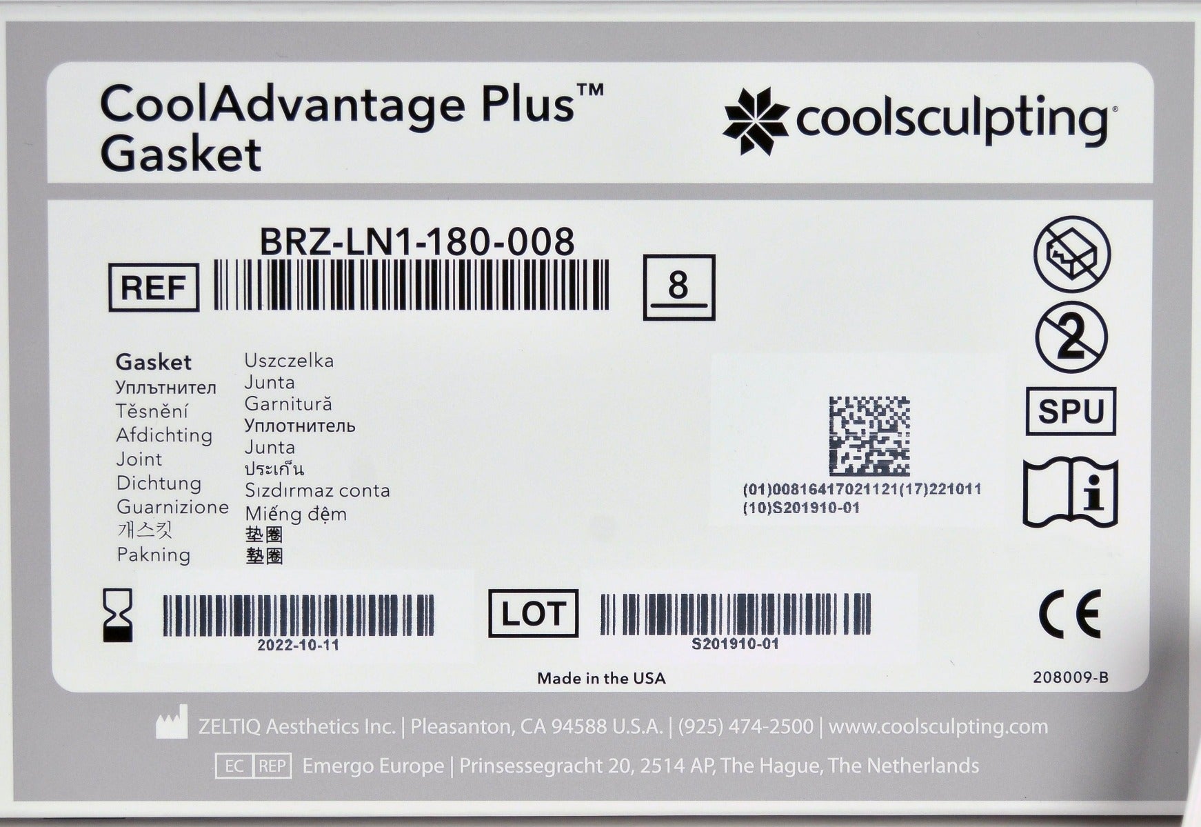 Zeltiq CoolSculpting BRZ-LN1-180-016 CoolAdvantage PLUS Gaskets 22 Pcs Exp10/22