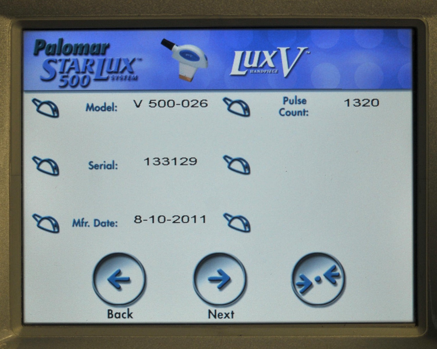2011 Palomar StarLux 500 LuxV IPL Laser Acne Pigmented Lesions Lux V Handpiece
