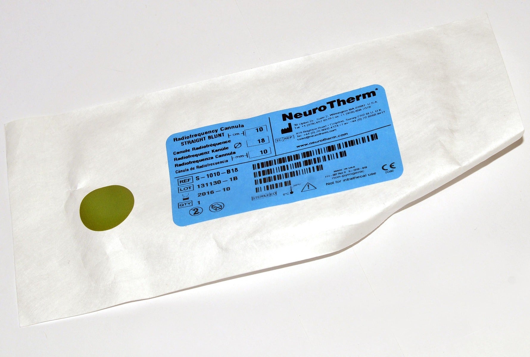 NeuroTherm RadioFrequency Disposable Cannula Straight Blunt S-1010-B-18 RF 2016