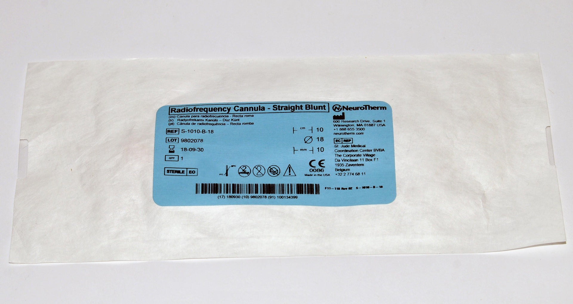 NeuroTherm RadioFrequency Disposable Cannula Straight Blunt S-1010-B-18 RF 2018