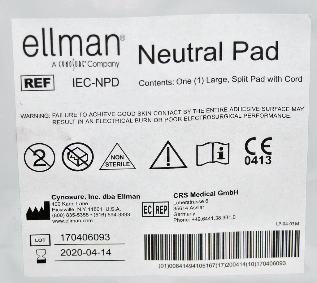 Ellman Cynosure Large Split Neutral Pads RF Electrosurgical w/Cord IEC-NPD x17Pc