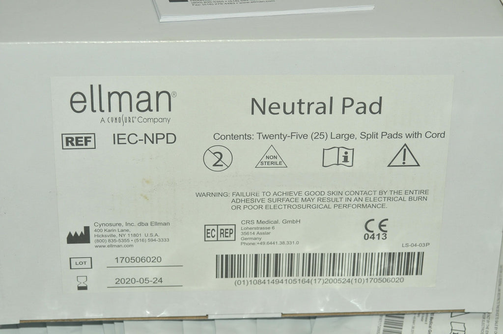 Ellman Cynosure Large Split Neutral Pads RF Electrosurgical w/Cord IEC-NPD x24Pc